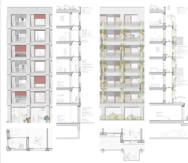Detailschnitt, Grundrissausschnitt, Teilansicht Straßenfassade Innenhoffassade 